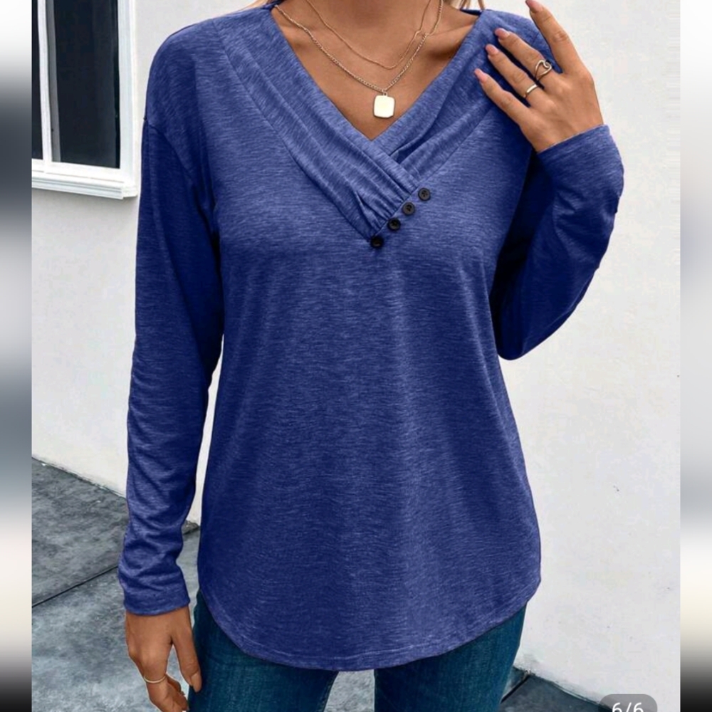 SHEIN Deep Blue V-Neck Long Sleeve Blouse size XL 12